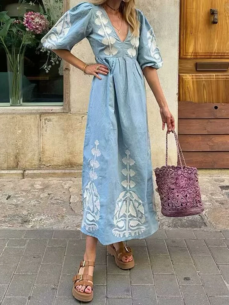 KHALEE YOSE-Robe Maxi à Imprimé Floral pour Femme, Style Boho, Bleu, Col en V, Dos aux, Vintage, Plage, Printemps Été