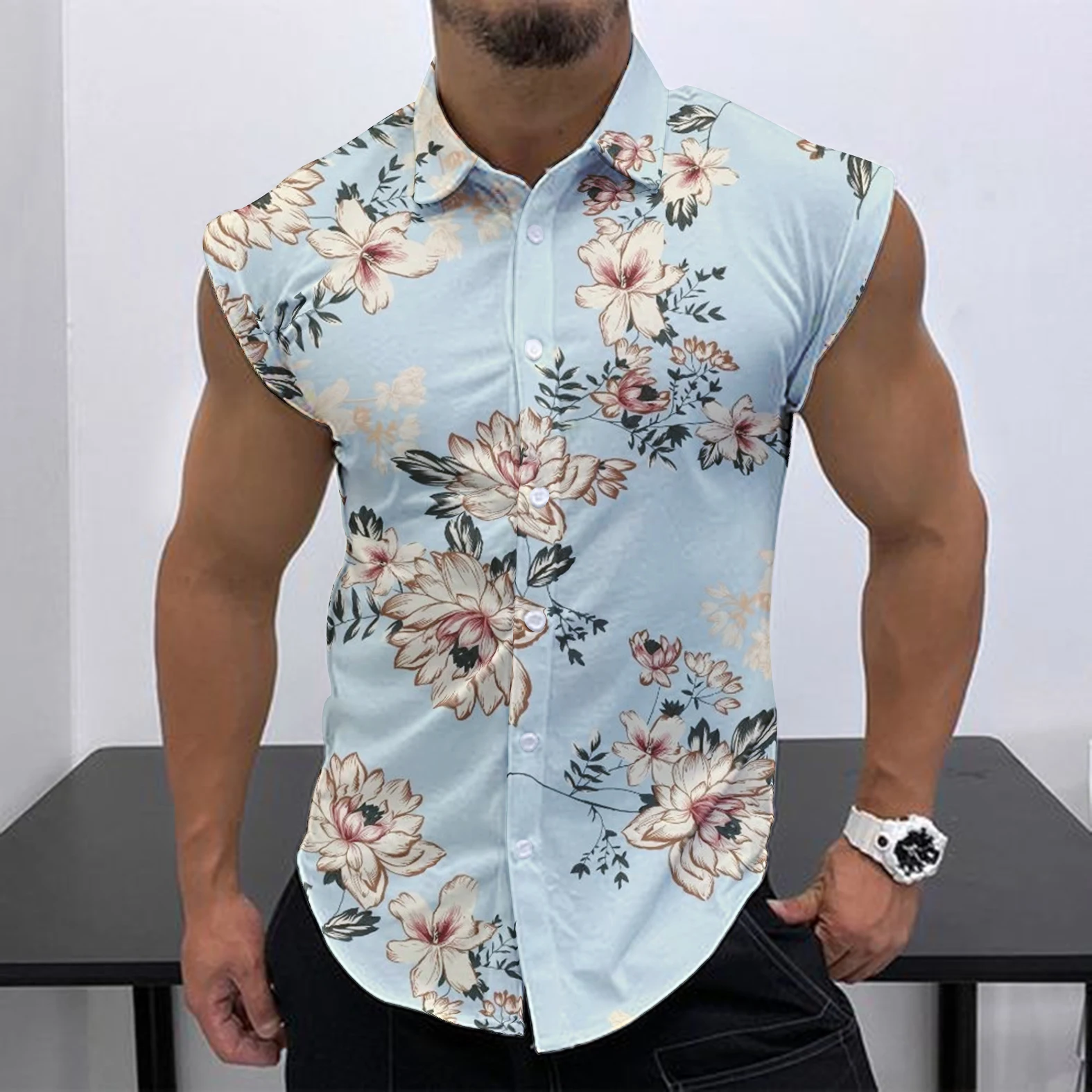2023 Summer New Men\'s Sleeveless Shirt Fashion Trend HD 3D Printing Street Leisure Beach Holiday Party Button Quick Drying Shirt
