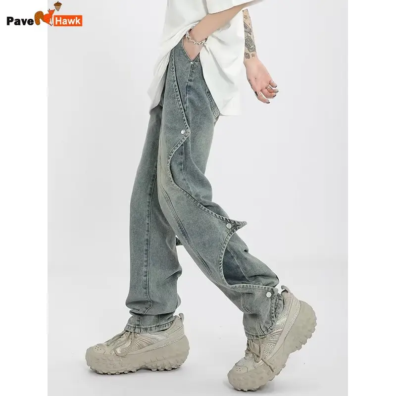 Retro Blue Jeans Mens High Street Trendy Button Deconstructed Straight Tube Denim Pants Streetwear Cowboy Trousers New 2024