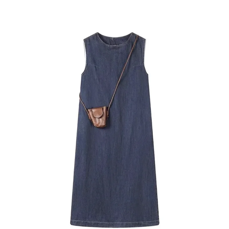 

Vintage Denim O Neck Korean Long Dress Women Summer Sleeveless Loose Fashion Simple Versatile Sleeveless Lady Vest Dress