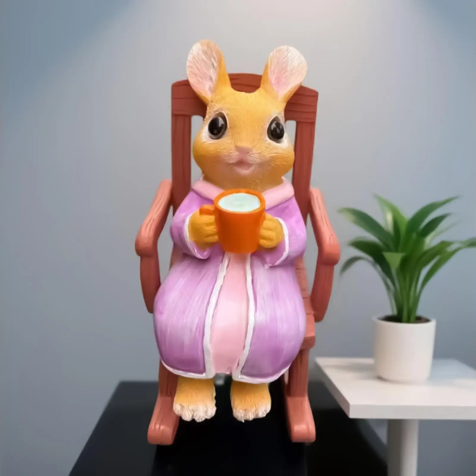 Rabbit Figurine Cute Rabbit On Rocking Chair Garden Statues For Easter Home Housewarming Table Shelf Yard Lawn Patio Indoor