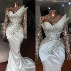 Luxury Crystal Beads Satin Mermaid Wedding Dresses Chic O-Neck Long Sleeves Pleat Sweep Train Custom Made Bridal Dresses