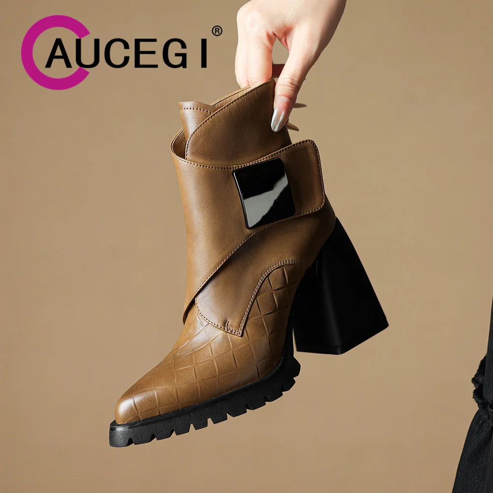 

Aucegi 2024 New Metal Magic Paste Thick High Heels Woman Ankle Boots Autumn Winter Pointed Toe Platform Commuter Casual Shoes