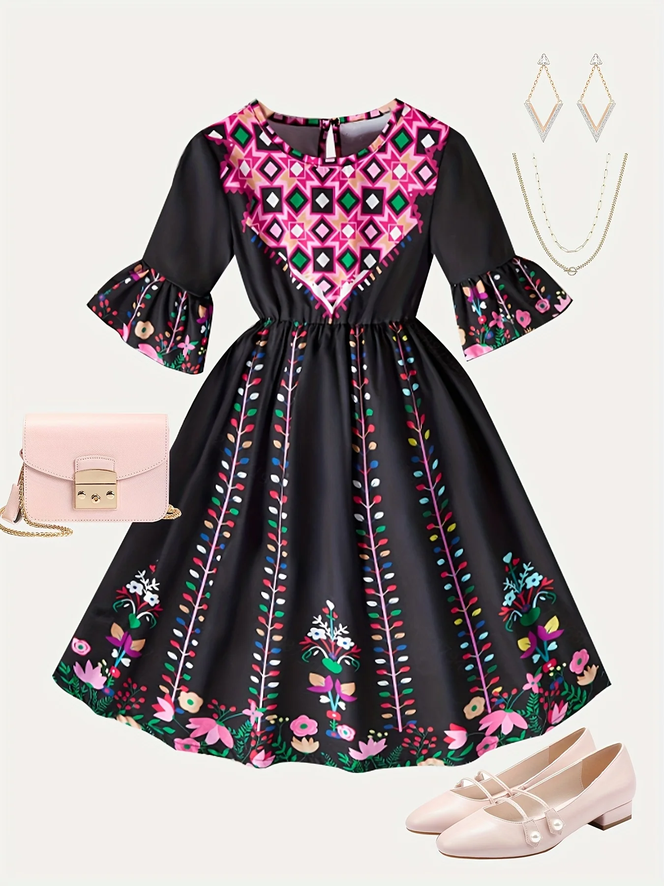 Vestido Casual de Verano para Niñas, Estampado Étnico Multicolor, Manga al Codo, Estilo Informal para Vacaciones