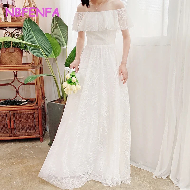 White Lace Light Wedding Dresses Shoulder Straps Short Sleeves Korean Simple Bridal Gown for Photography, Evening Gown for Women