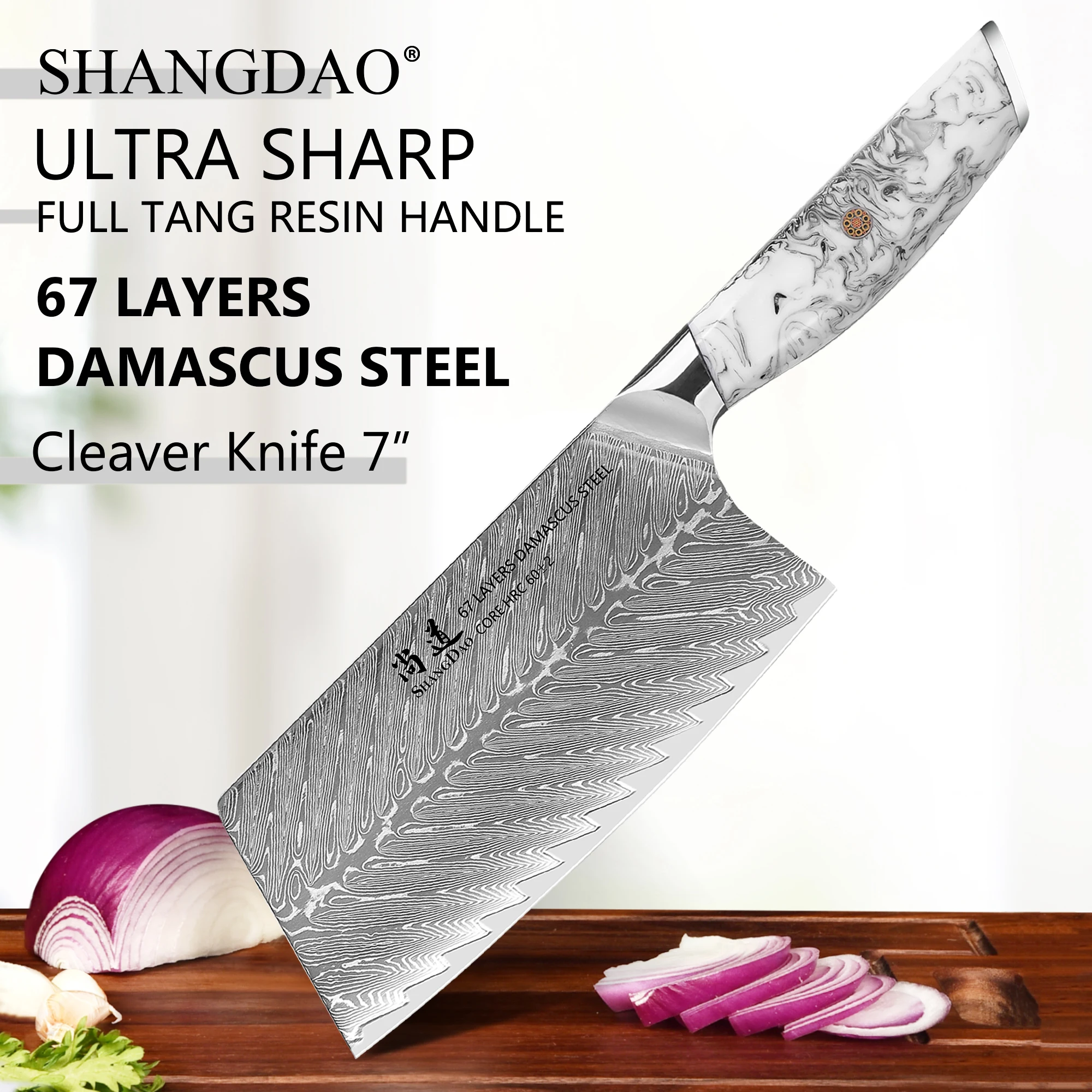 

SHANGDAO Professional Chinese Chef Cleaver Knife 7 Inch, Forged Damascus VG10 Steel with Resin Handle -Full Tang