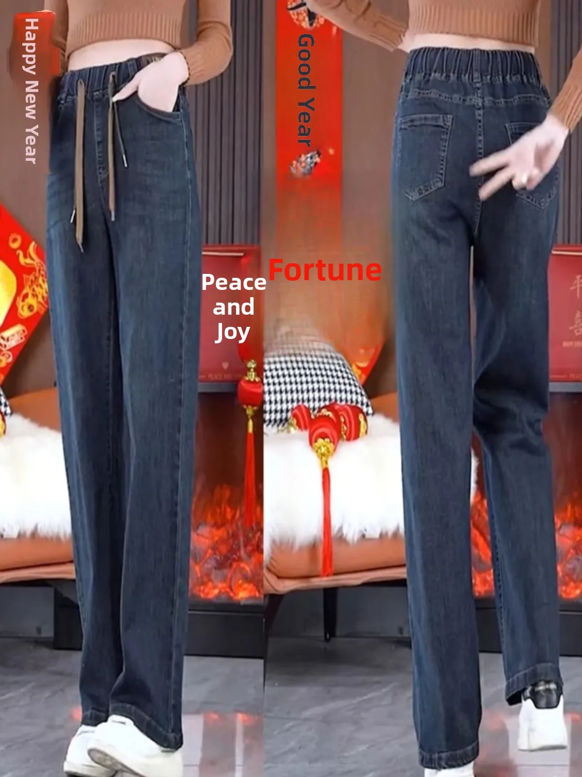 

Зимние утягивающие женские джинсы с эластичной резинкой на талии, широкие брюки прямого кроя, весенне-осенние длинные брюки с высокой талией