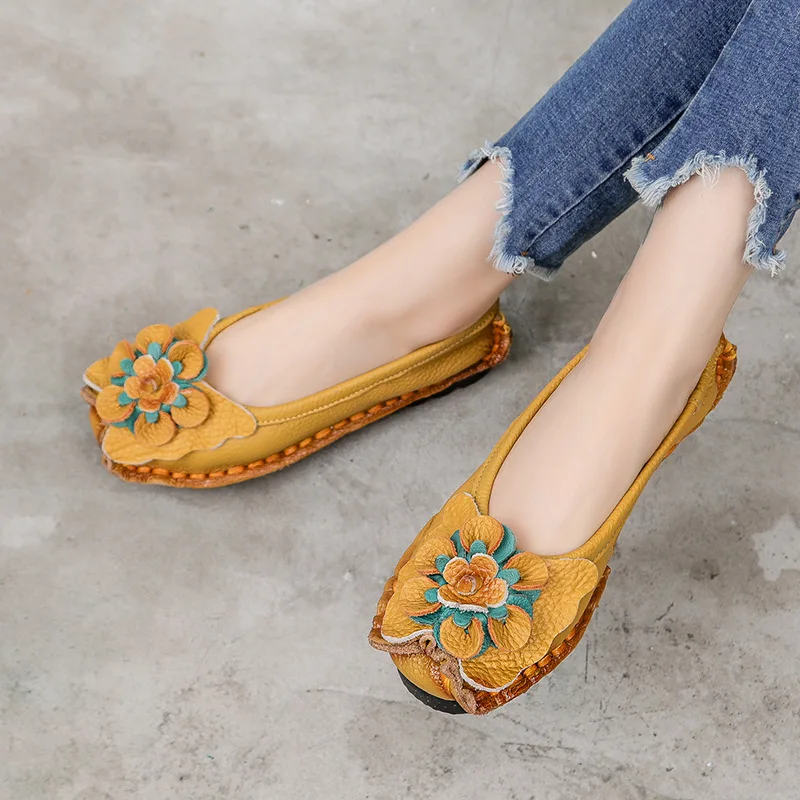 

2025 New Handmade Vegan Ballet Flats Women's Genuine Leather Ethnic Shoes 42 Woman Slip on Comfort Loafer Lady Vintage Moccasin