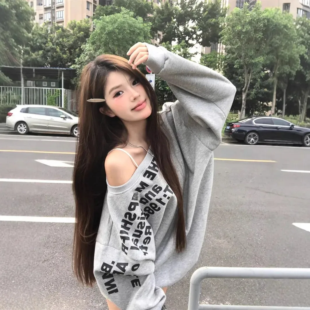 American Style Grey Sweatshirt Lose Fit Casual Oversize Crossbody Top Direct From Manufacturer Stock Available