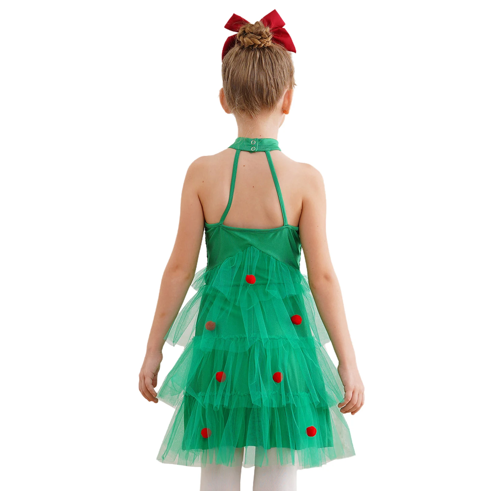 Kids Girls Christmas Tree Costume Dress Xmas Party Dance Stage Performance Sequins Pompoms Mesh Sleeveless Tiered Tutu Dress