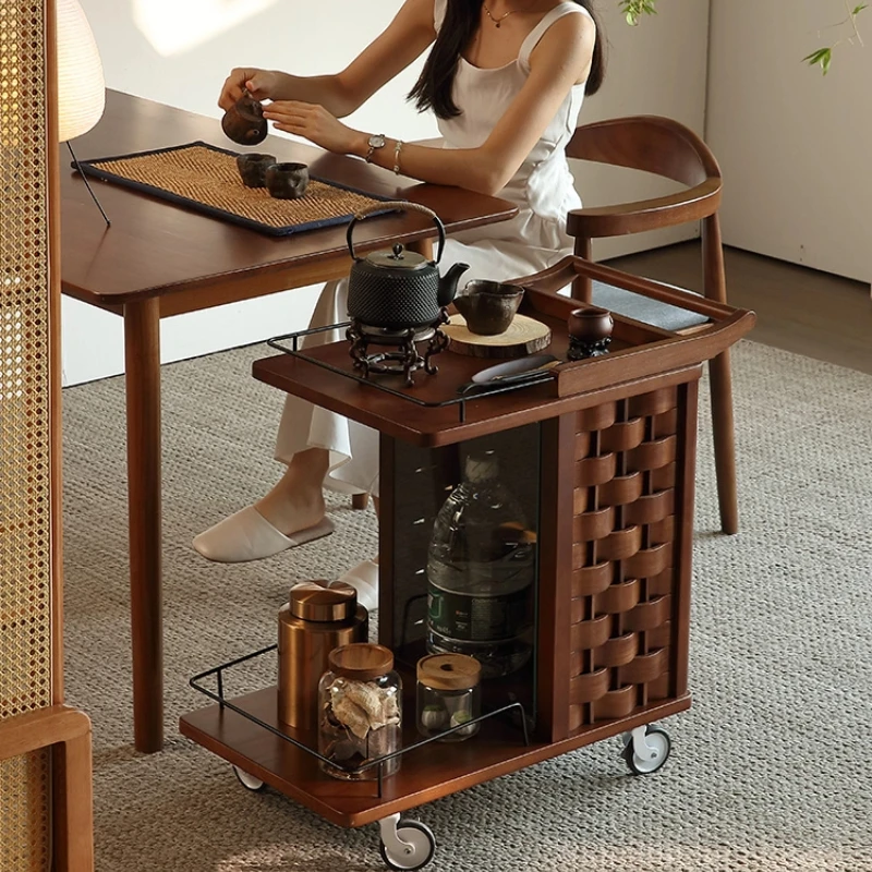 

Chinese retro solid wood tea edge living room removable small push dining cart sofa small apartment rack table wine cabinet