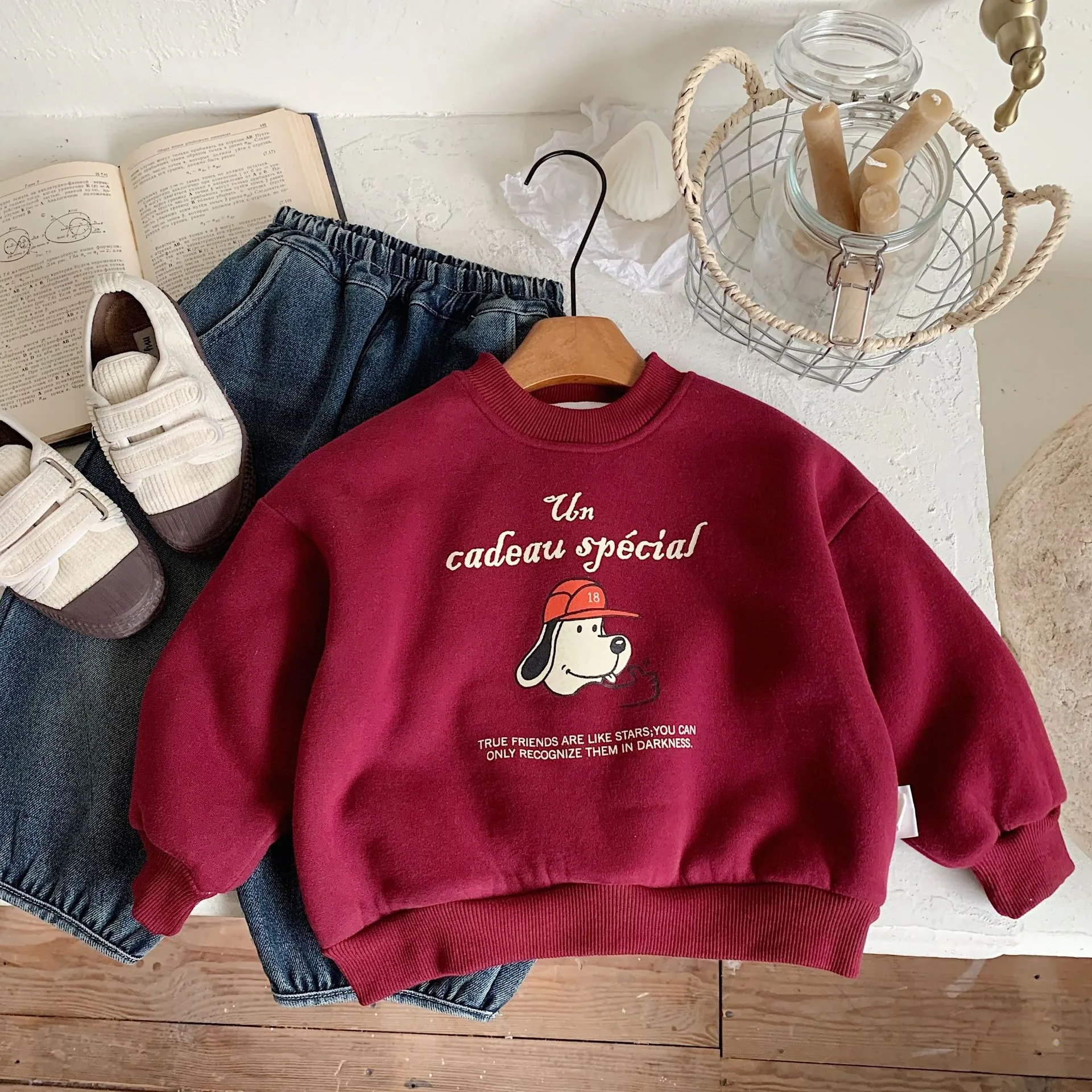 

2026 Autumn/Winter Children's Fleece Pullover Sweater Season New Product With Cute Cartoon Letter Print And Thick Hooded Top