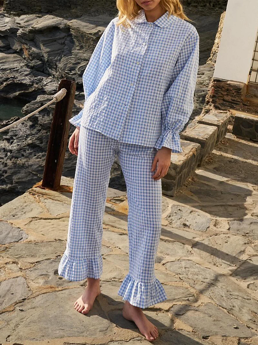 Fashion Women 2 Piece Plaid Pants Set Flare Long Sleeve Button Shirt Ruffle Hem Bell Gingham Pants Pj Lounge Set Sleepwear