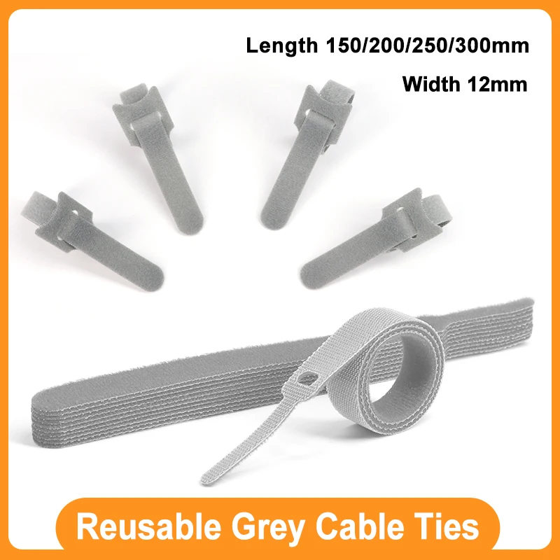 10/20/50/100Pcs Grey Reusable Cable Tie Adjustable Nylon Hook and Loop Line Ties DIY Cable Organizer Management Fastening Straps