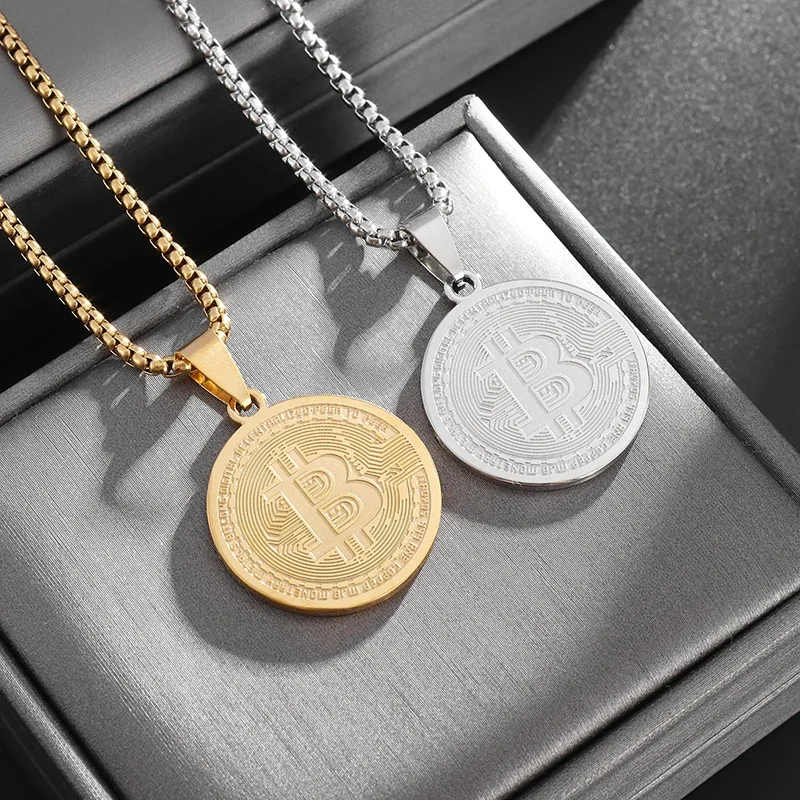 Stainless Steel Fashion Bitcoin Coin Collectible Art Coin Necklace Men's Hip Hop Casual Jewelry