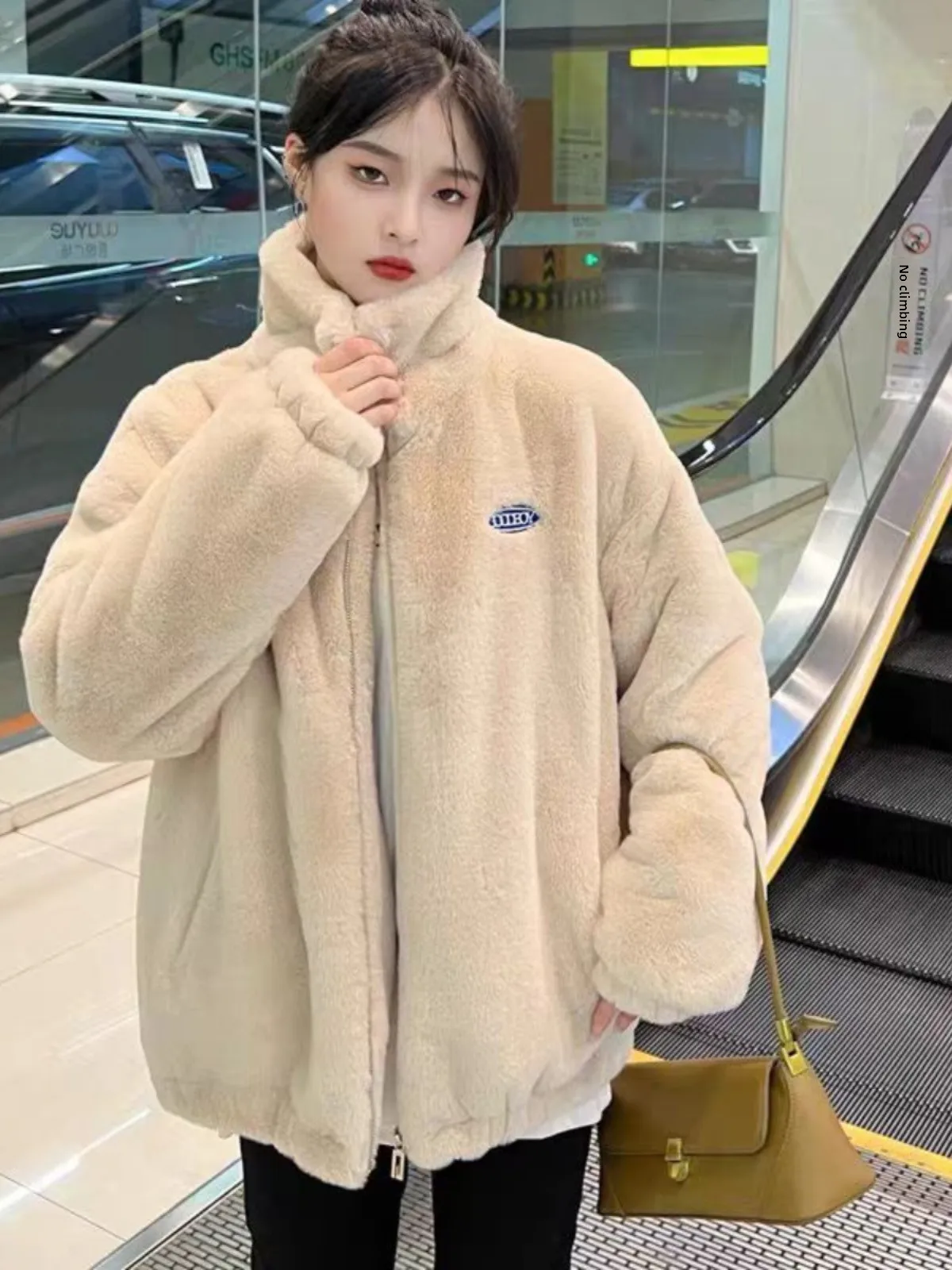 

Loose Women's Cotton Jaet 2026 New Sle Faux Stand Collar Furry Plu Zipper Coat Stand Fit ort Outerwear