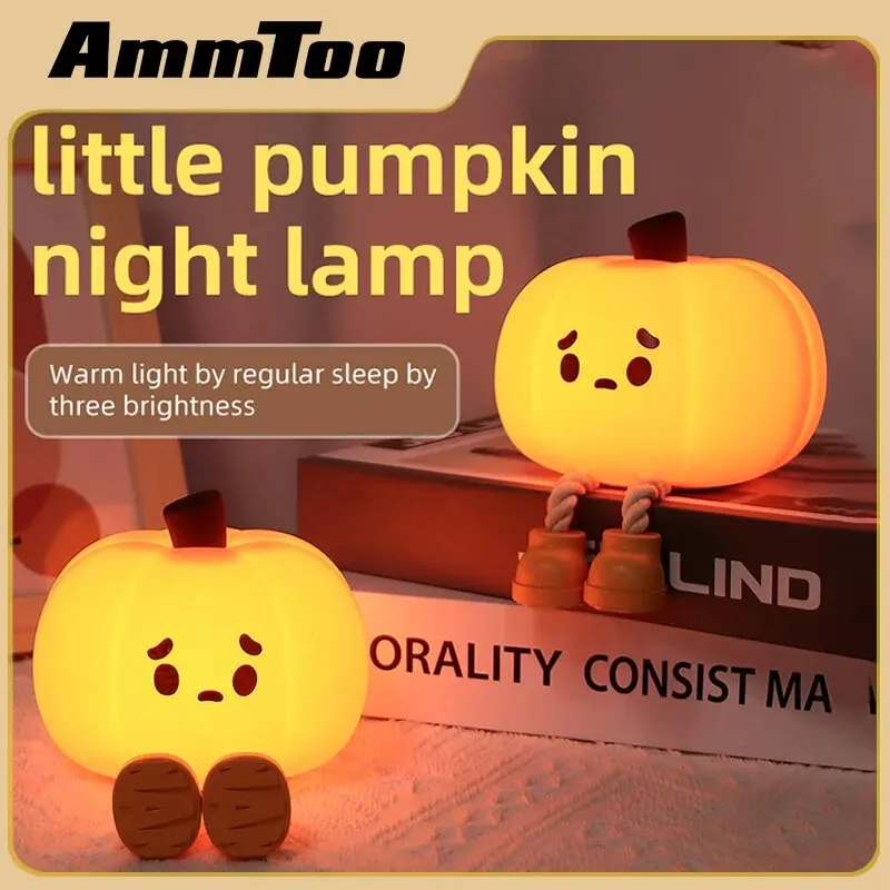 AmmToo LED Night Lights Cute Pumpkin Soft Silicone Lamp USB Rechargeable Timing Bedside Atmosphere Decoration Lights