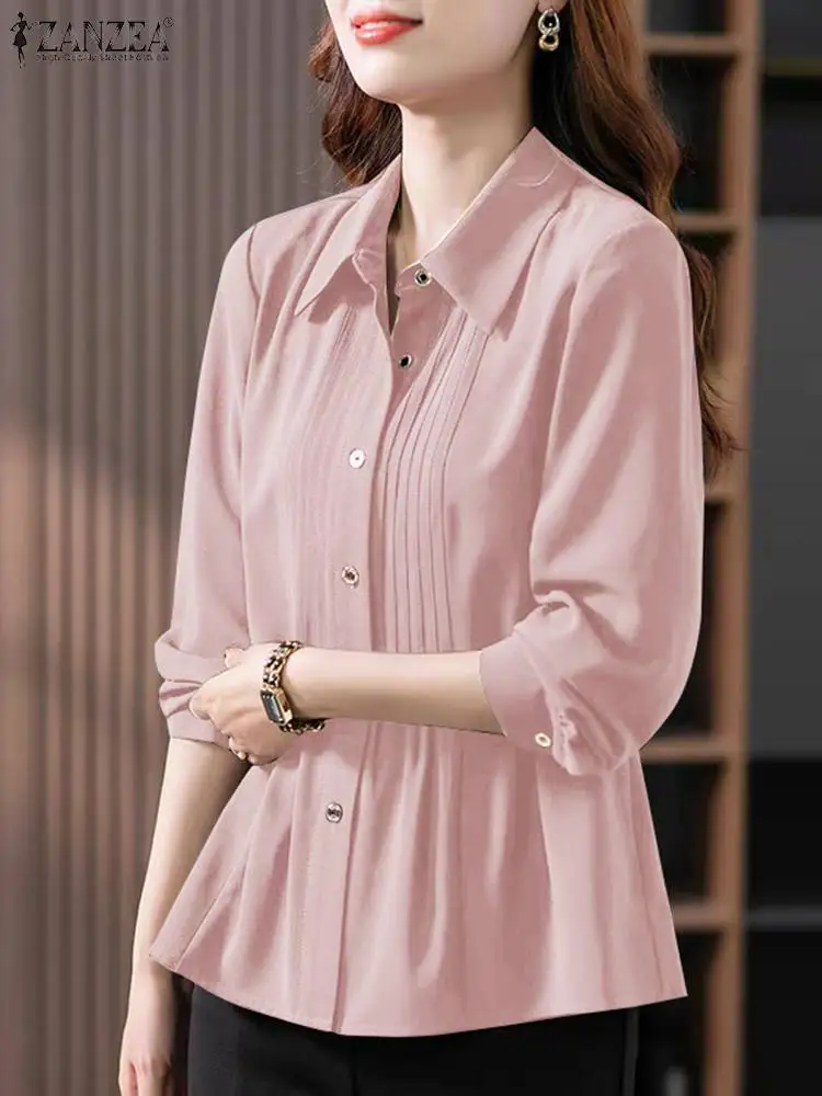 ZANZEA Elegant Women Solid Shirt Fashion Office Pleated Cardigans 2024 Summer Lapel Tunics Oversized 3/4 Lantern Sleeve Tops