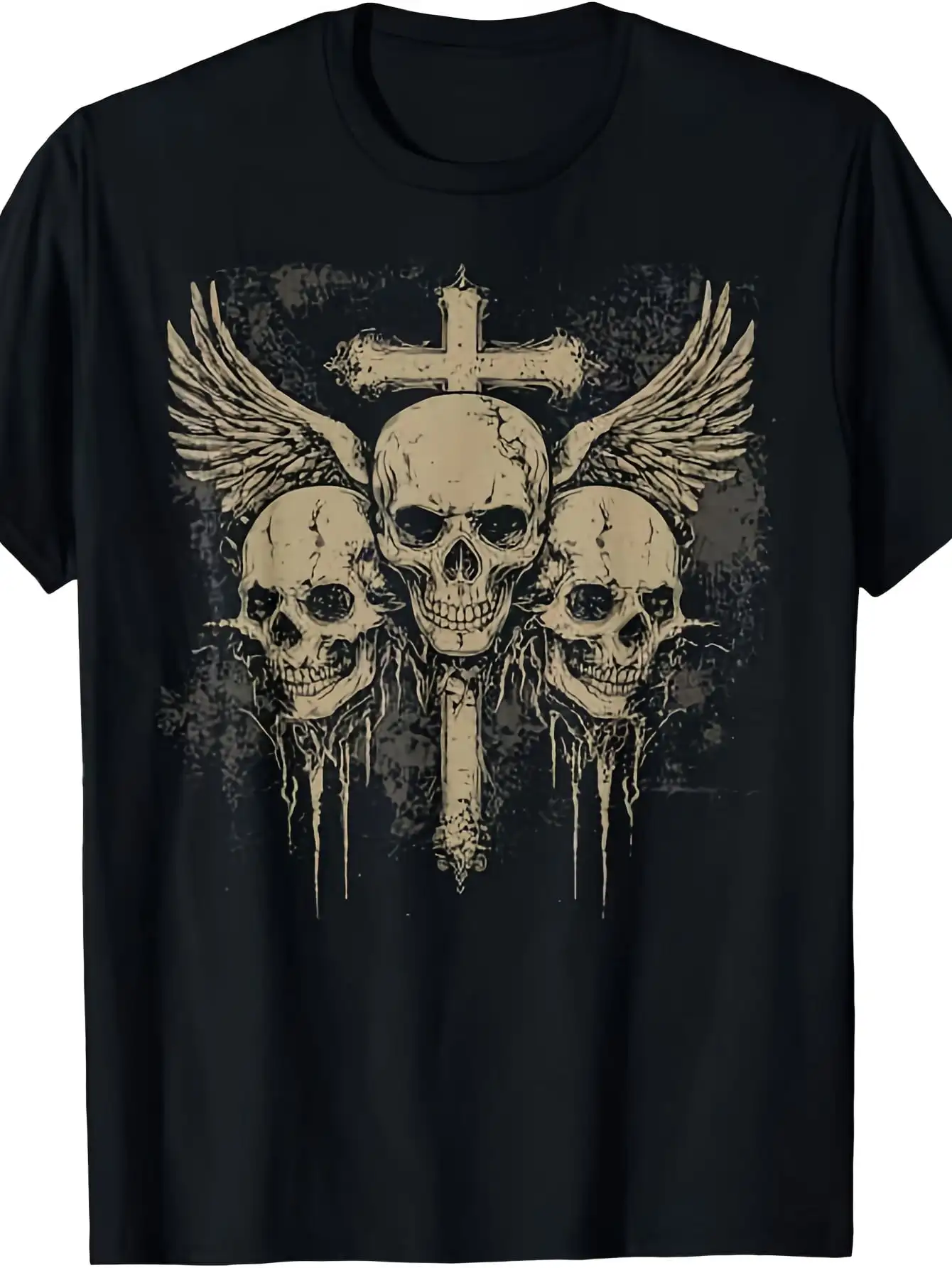 Men's Gothic Vintage Grunge Triple Skull Winged Cross T-Shirt