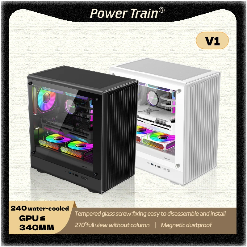 Power Train V1 PC carcasa MATX lado transparente vidrio Vertical Host ITX chasis soporte 240 280 refrigeración por agua caja de computadora de escritorio