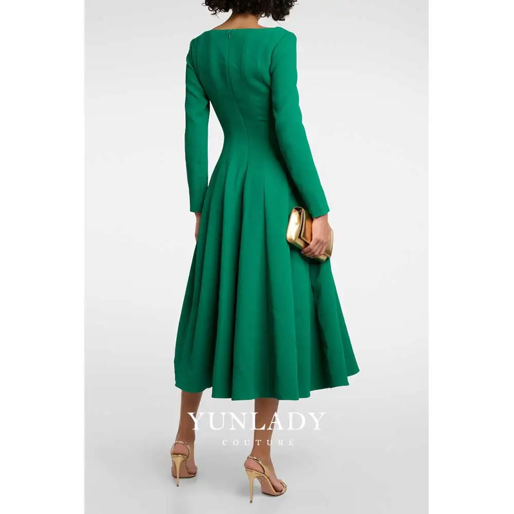 YUNLAN Gorgeous Green Square Neck Long Sleeve Evening Gown 2024 Saudi Arabia Ladies Wedding Guest Formal Midi Dress