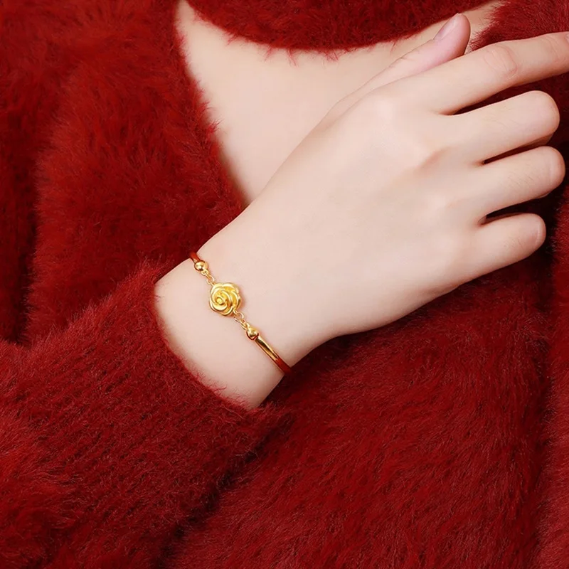 9999 24K Real Gold Rose Bracelet Bracelets Shore Flower Fashion Women\'s Bracelet Jewelry Gift for Women Mother Girlfriend