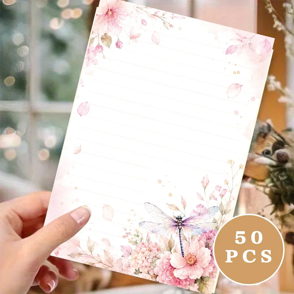 50 Sheets,Light Pink Floral Dragonfly -themed Writing Paper, Lined, Glue-free, Perfect For Notebooks, Memos, And Stickers
