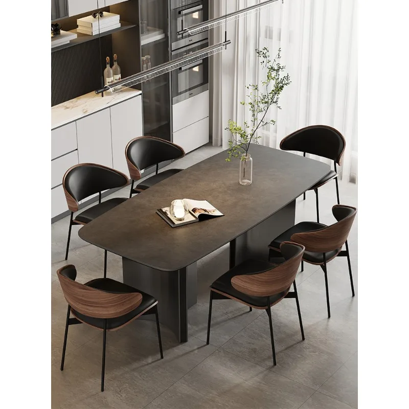 

Italian minimalist rock slab dining table, rectangular dining table and chairs, black dining table