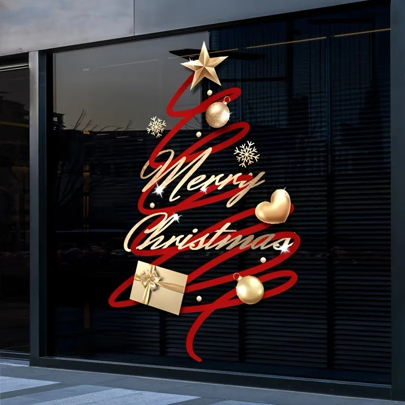 1PC New Red Gold Christmas Tree Window Clings Christmas Removable Without Trace Low-cost Holiday Refresh for Apartment