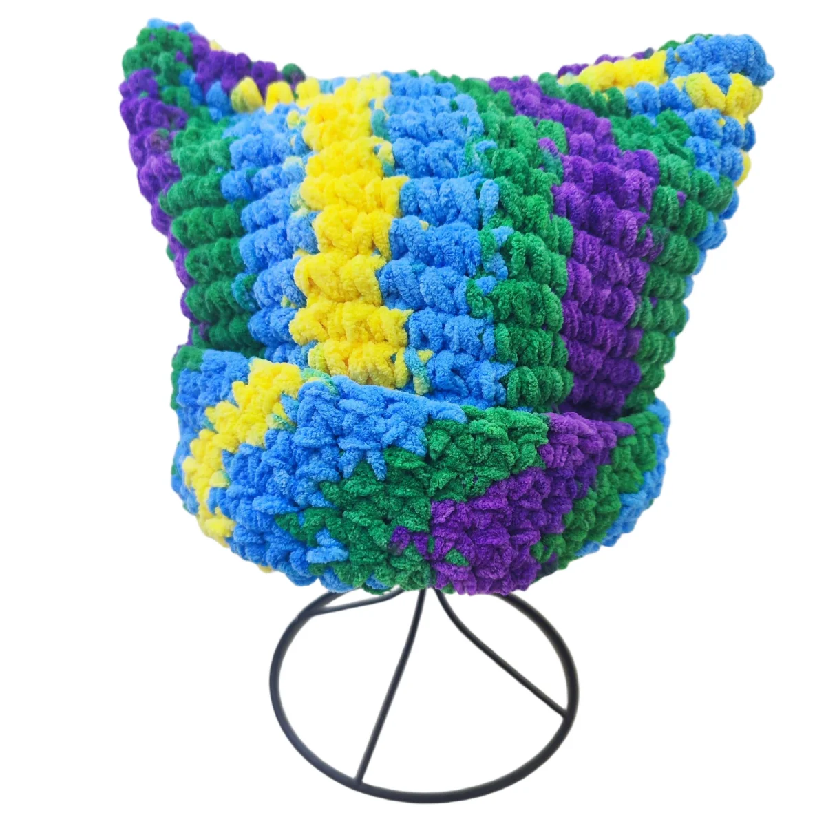 Modische Strickmütze mit Teufelshorn für Erwachsene und Damen, handgefertigte Nadelmütze aus dickem Garn, bunte Pullovermütze – Detail 7