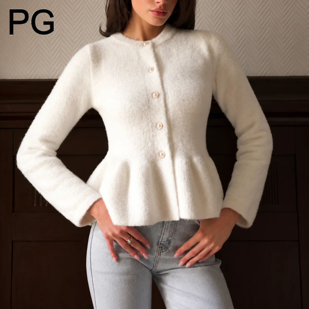 PG Cream Fuzzy Knit Cardigan Crew Neck Pearl Button Front Ruffle Peplum Hem Long Sleeve Slim Fit Elegant Women Outer Top