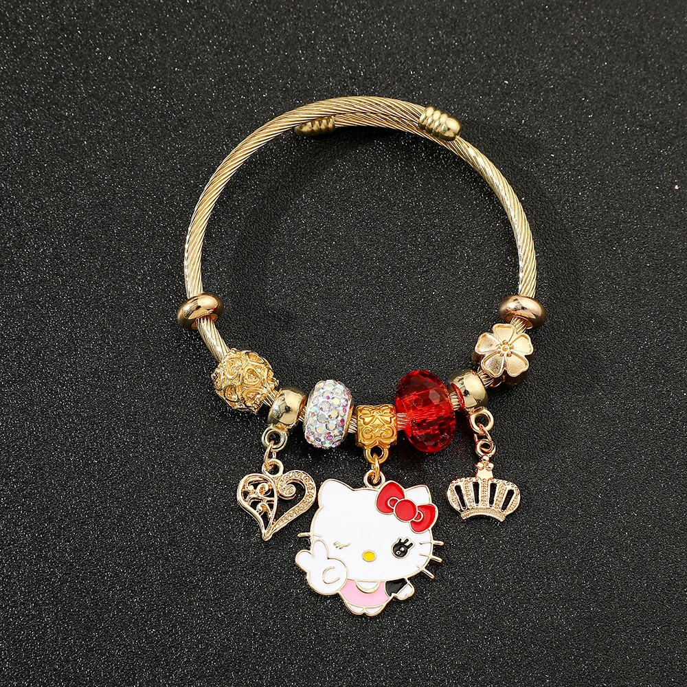 Sanrio Hello Kitty Cute Red Crystal Charm Bracelet for Women Gold Color Heart Bead Fashion Jewelry Gift for Girls