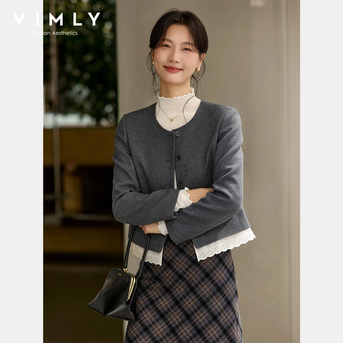 

VIMLY женские серые пальто, элегантная осень 2024, повседневная короткая куртка с круглым вырезом и кружевом на пуговицах, женская верхняя одежда с длинными рукавами A2665