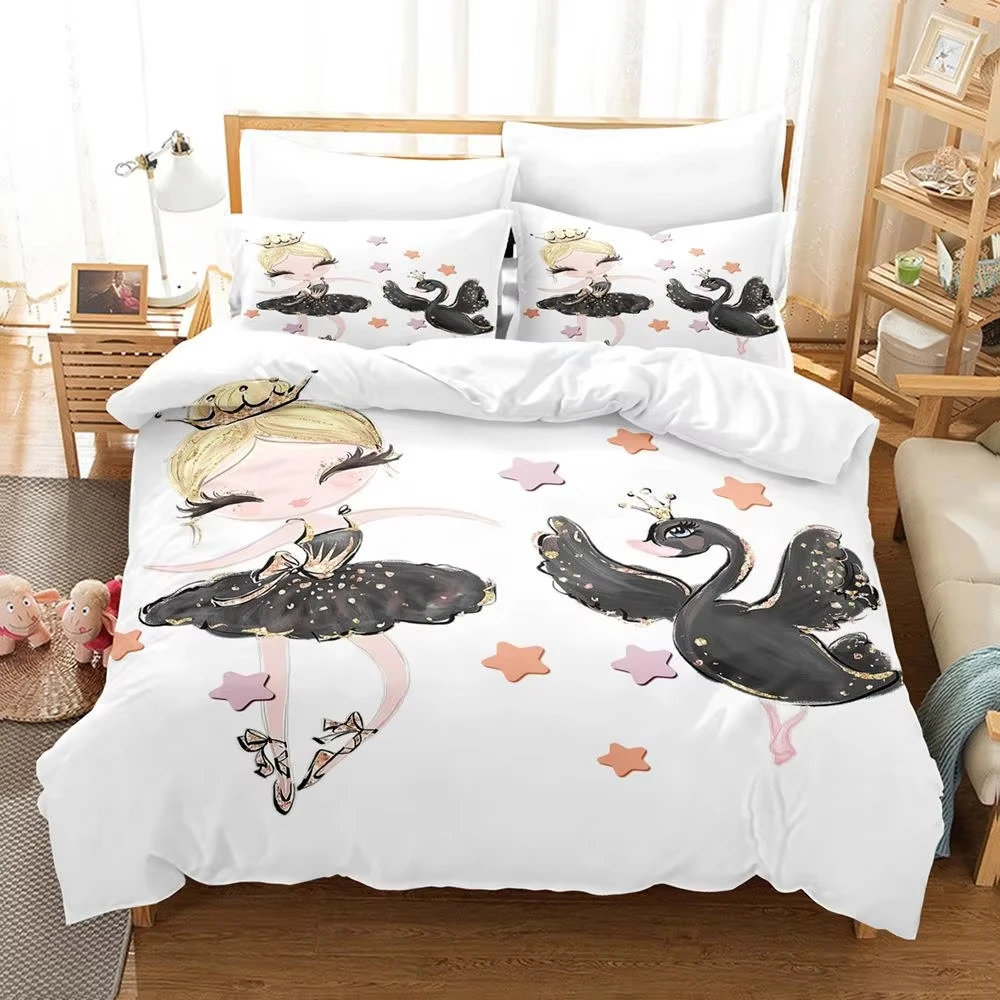 Cartoon Duvet Cover Twin King Kawaii Swan Ballerina Girl Bedding Set Microfiber Cute Dancer Comforter Cover Ballerina Room Decor