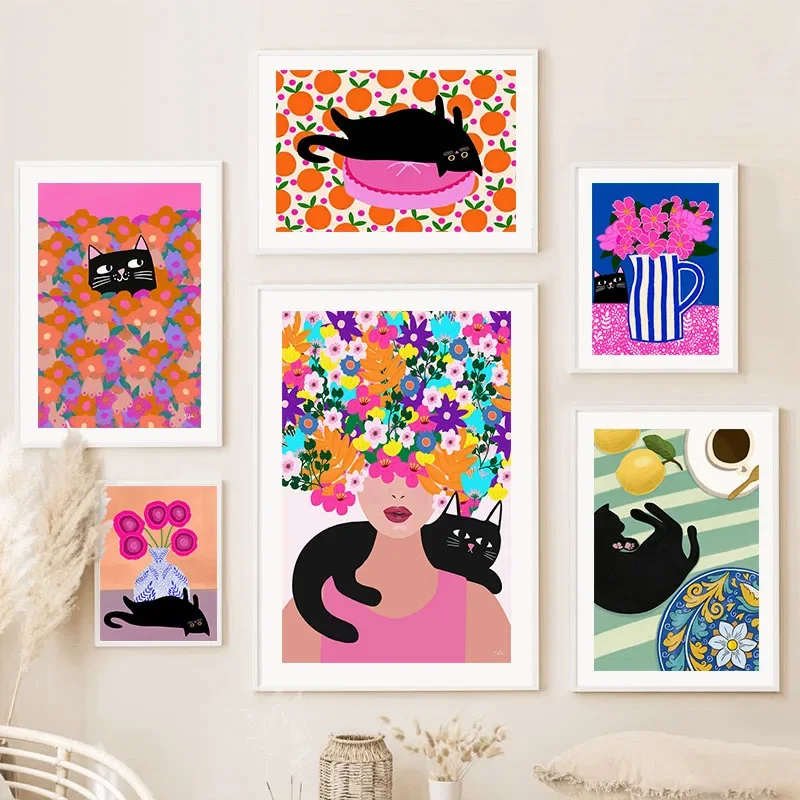 Boho Abstract Girl Vase Flower Black Cat Illustration Wall Art Canvas Painting Nordic Poster & Prints Pictures Living Room Decor