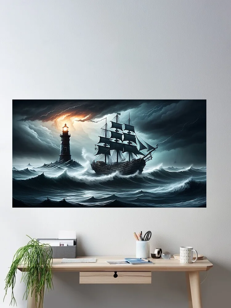 Lighthouse, Ghost Ship, Painting Print Art Silk Poster, for Living Room Decoration, Home Wall Decor Picture