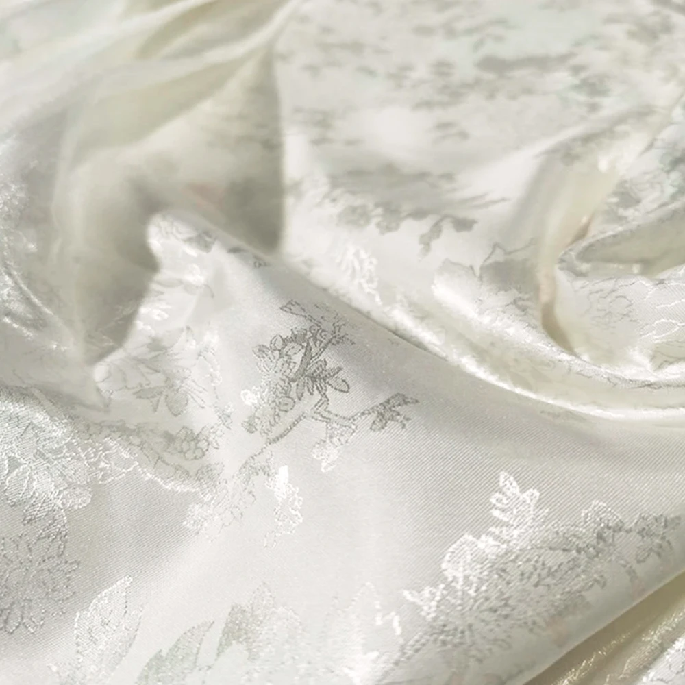 58‘’ Wide By Meter Elegant Natural White Black Jacquard Brocade Satin Fabric For Dress Kimono