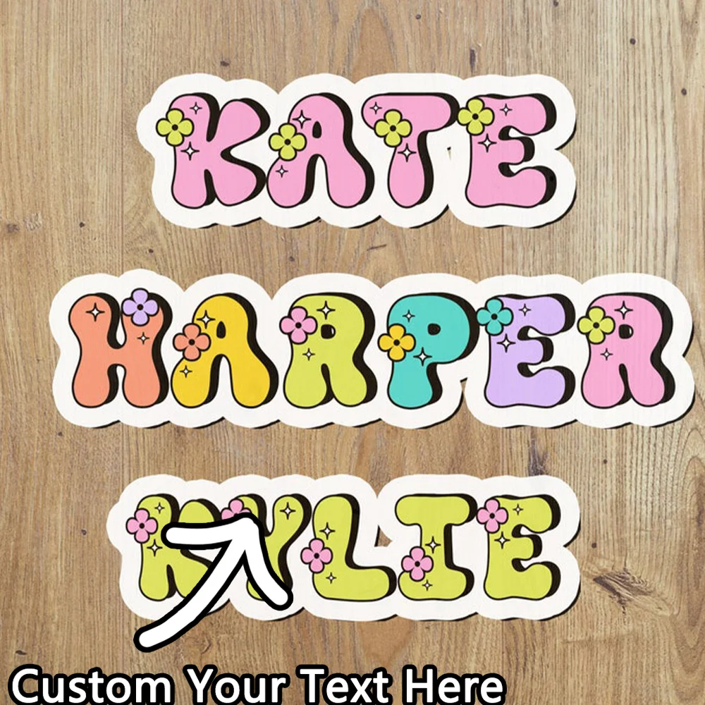 Customized name personalized stickers, customized stickers, personalized hippie flower labels, name stickers, colorful customize