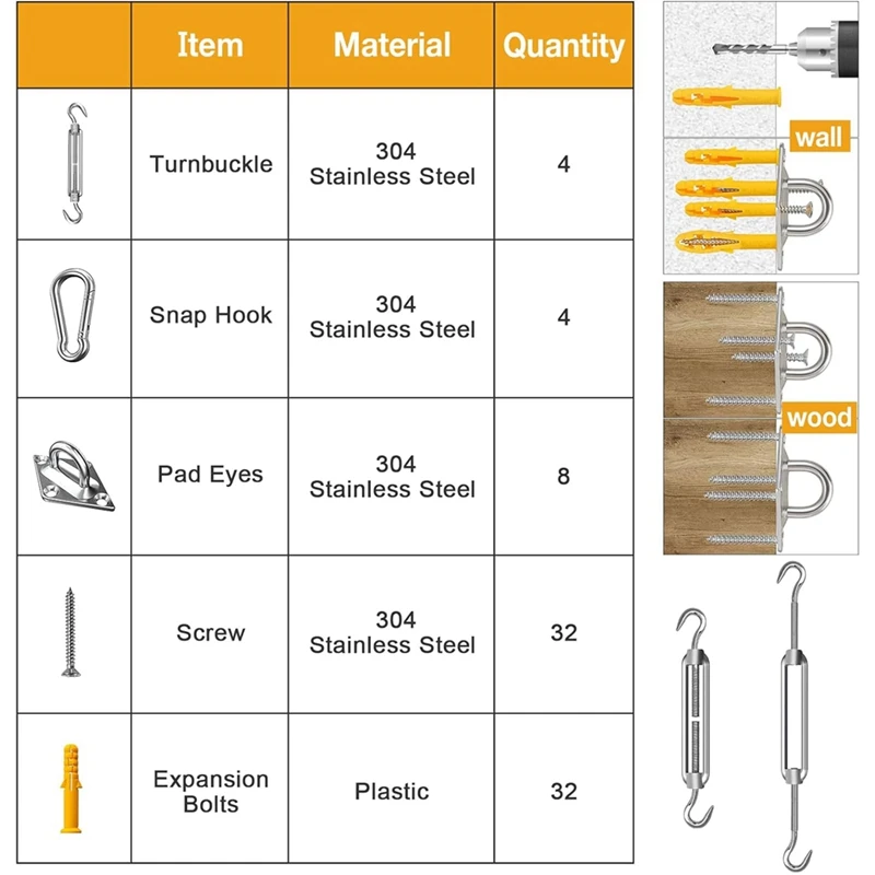 Sun Shade Sail Hardware Kit 80Pcs For Rectangle Sun Shade Sails Canopy Installation Accessories M6 Turnbuckles