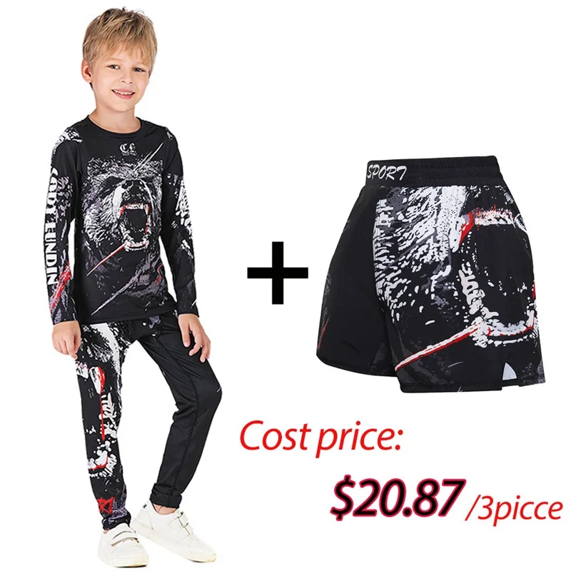 Kids MMA Rashguard BJJ GI T-shirt +Pants Jiu Jusit Tight Trousers Muay Thai Shorts 3Pcs/Set Children MMA Compression Sportsuits