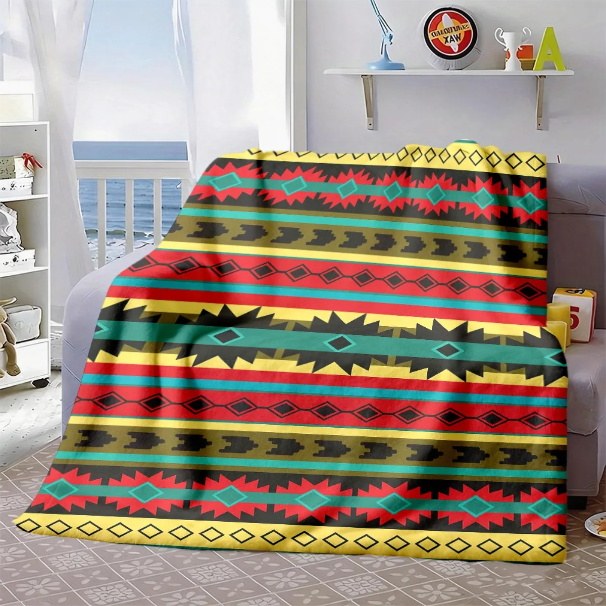 Native Ethnic Colorful Striped Geometric Tribal Element Allover Print Flannel Blanket Cozy Throw  Couch Travel Indoor Home Decor