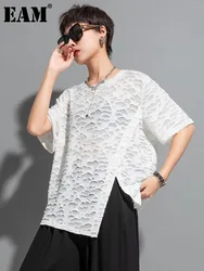 [EAM] Women White Lace Hollow Out Slit Irregular T-shirt New Round Neck Short Sleeve Fashion Tide Spring Summer 2024 1DF8423