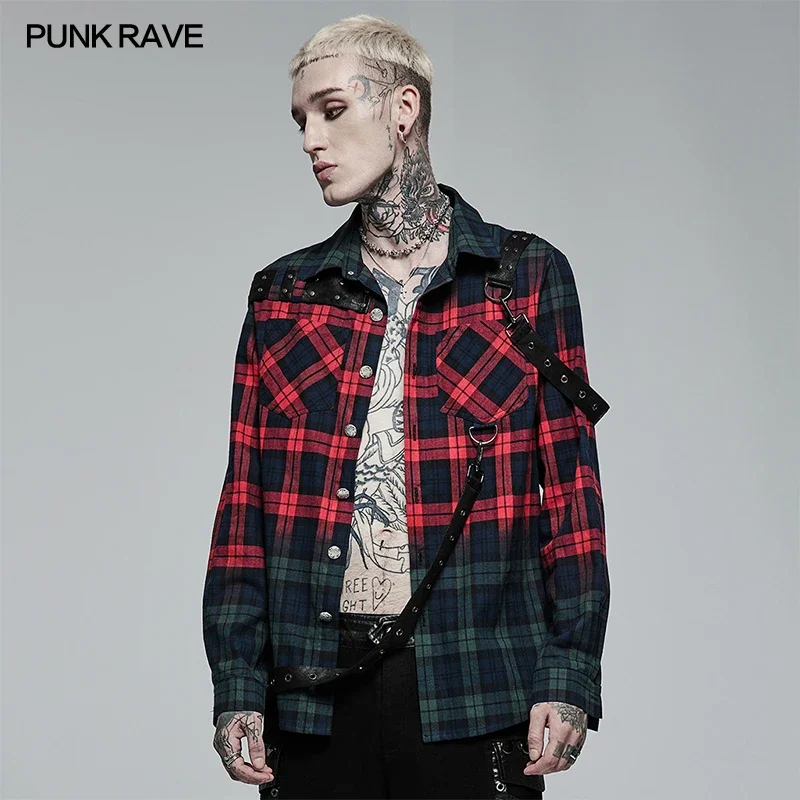 PUNK RAVE Men\'s Punk Red Green Color Long Sleeve Plaid Shirt Leather Loops Personality Simple Profile Casual Shirts Four Seasons