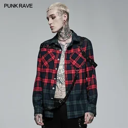 PUNK RAVE Men's Punk Red Green Color Long Sleeve Plaid Shirt Leather Loops Personality Simple Profile Casual Shirts Four Seasons