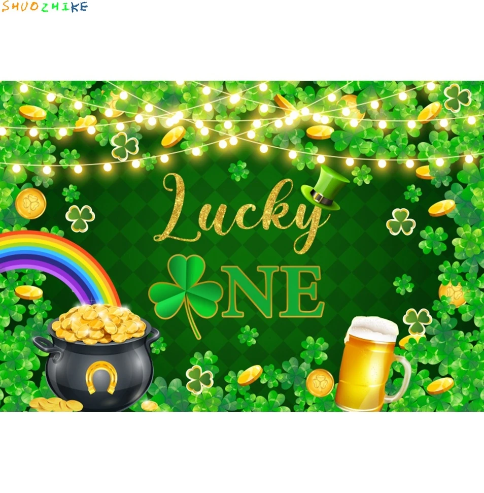 Tło fotograficzne na Dzień Świętego Patryka Szczęście Zielone Liście Złoto Dziecko Urodziny Dekoracja Baner Rekwizyt do Studia Fotograficznego
