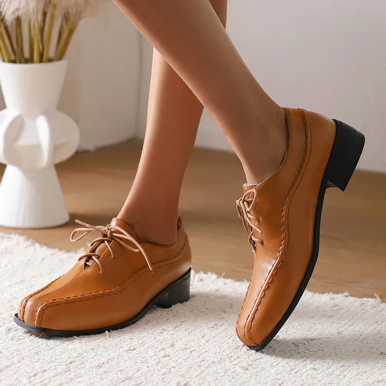 

Женская обувь на низком каблуке со шнуровкой и квадратной головкой, женская офисная обувь из мягкой кожи