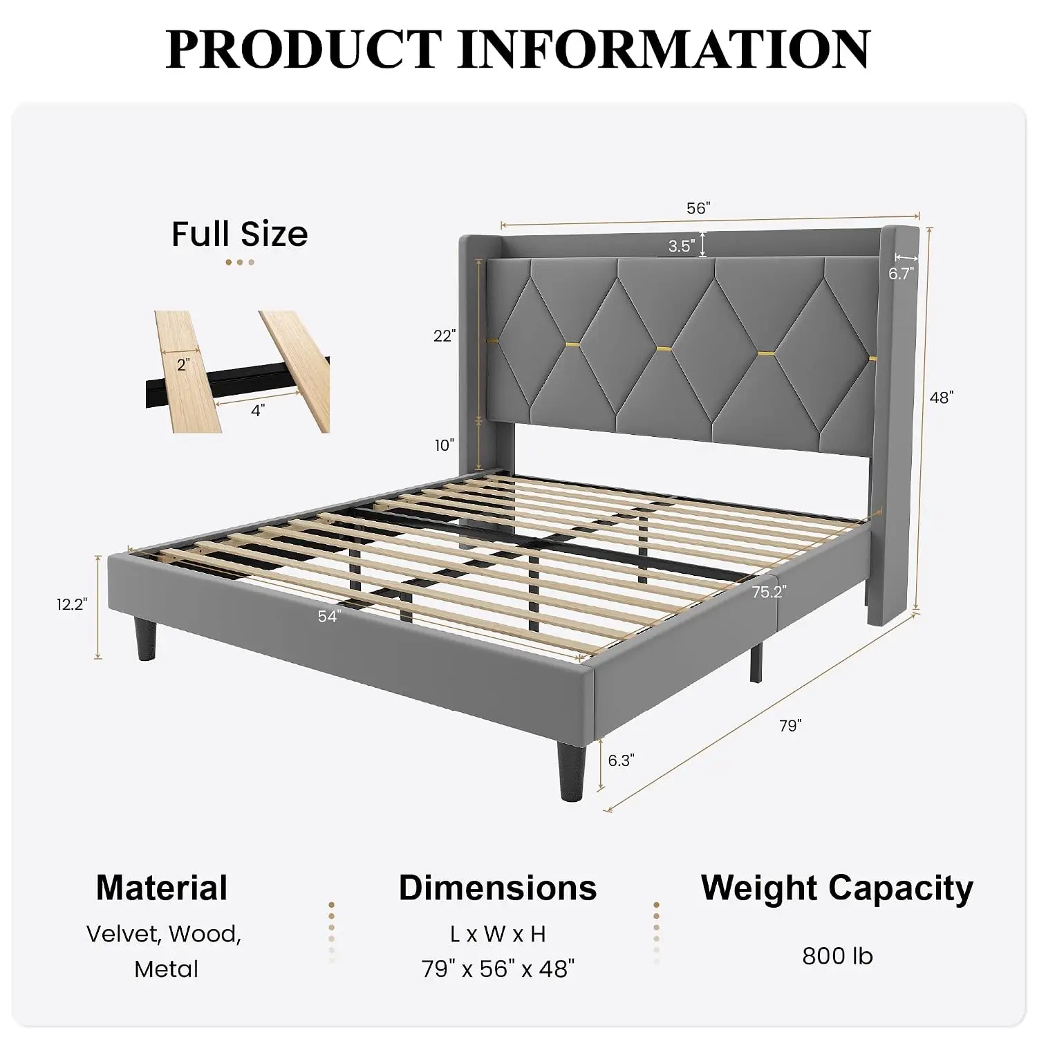 Full Size Velvet Upholstered Bed Frame with Charging Station | Platform Bed with Wingback Storage Headboard,, Customized
