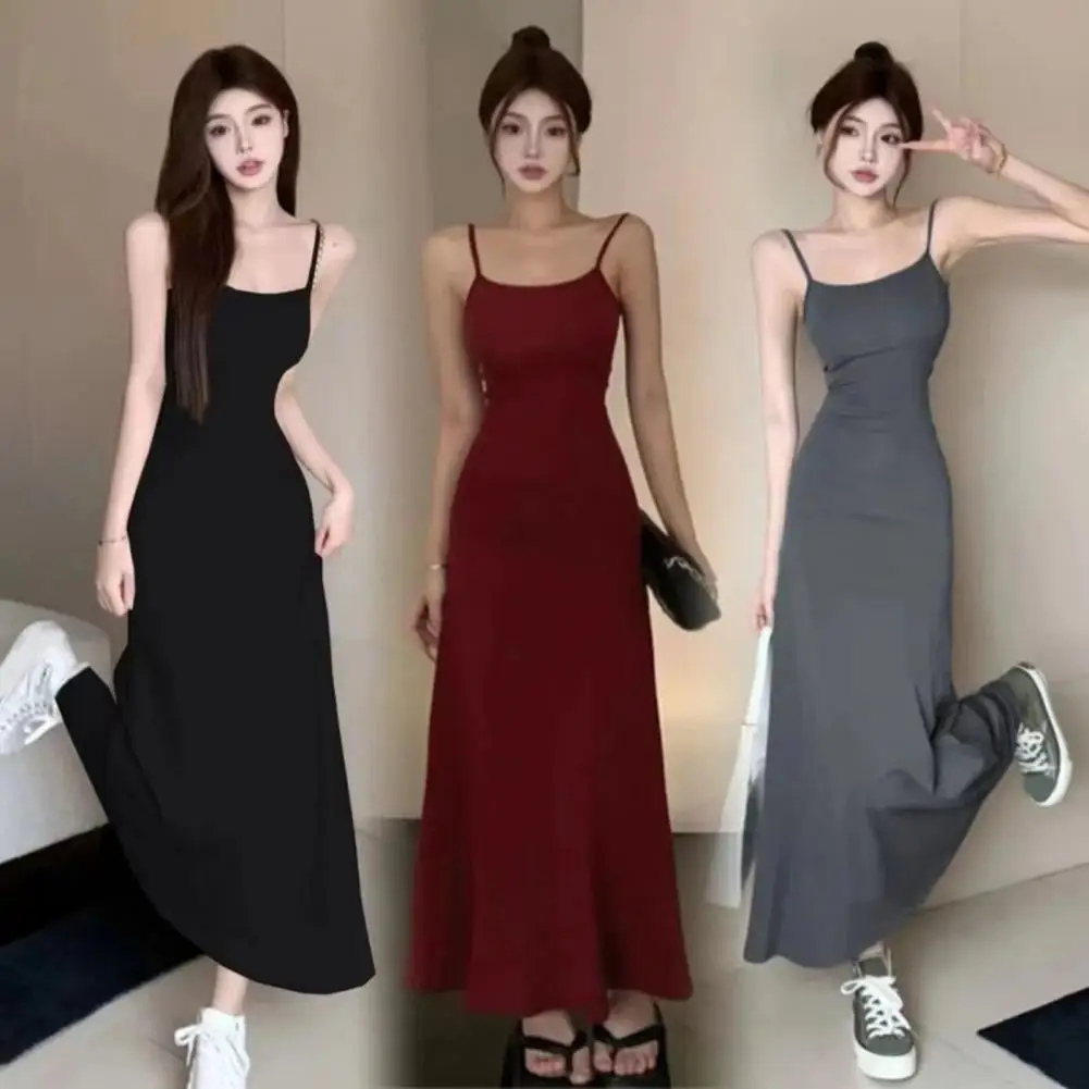 

Korean style Strappy Dress Spaghetti Strap Sleeveless Tight Waist Slim Fit Backless Low-cut Ankle Length Women Vest Dress