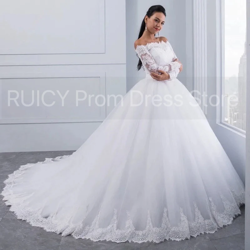 Elegant White Wedding Dresses Long Sleeve 2025 Off The Shoulder Lace Bride Dress Plus Size Women Ball Gown robe de mariée Cheap