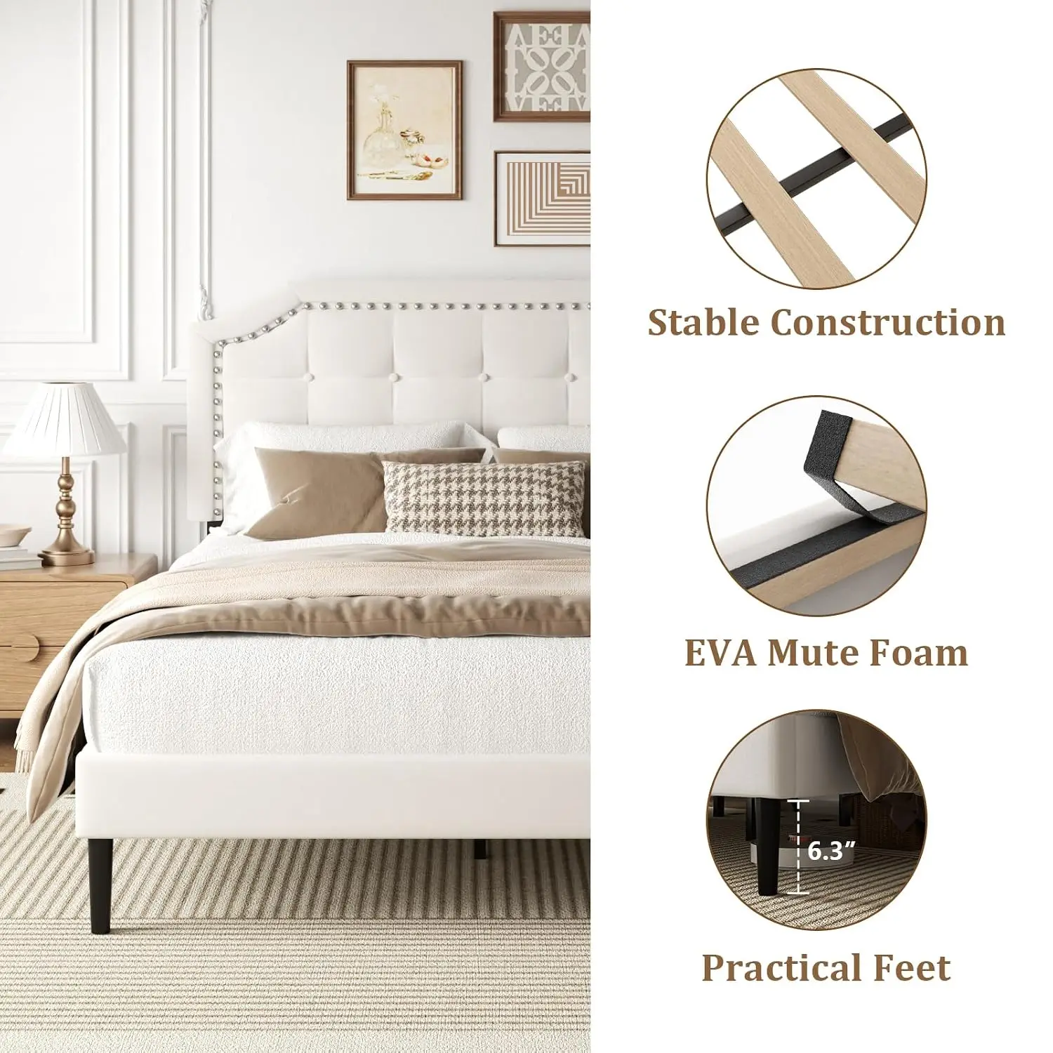Queen Size Bed Frame, Queen Size Platform Bed Frame with Upholstered Button Tufted Headboard, Strong Wood Slats, No, Customized - view 4